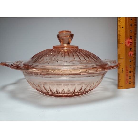 Vtg 1930s Anchor Hocking Rose Pink Depression Glass Mayfair Handled Covered Dish - Picture 9 of 10